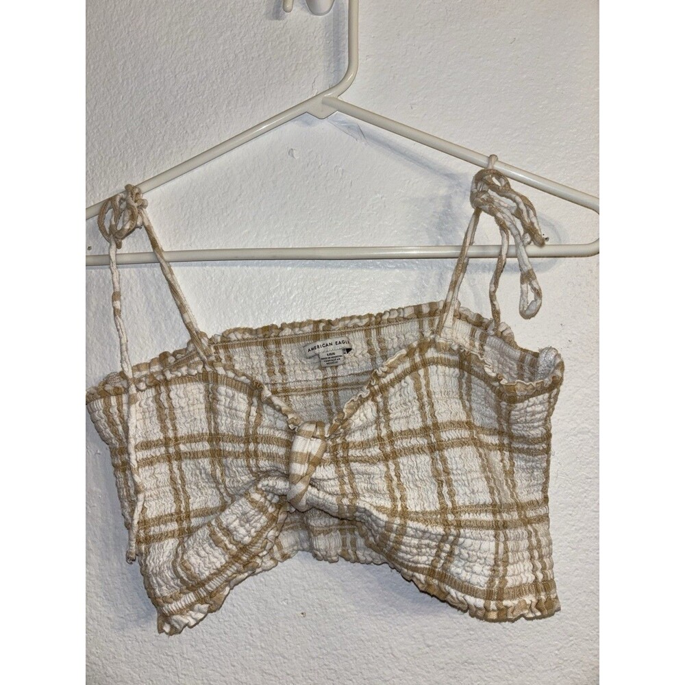 American Eagle Smocked Crop Top Women's Large Tan Plaid Linen Tie Strap Bralette